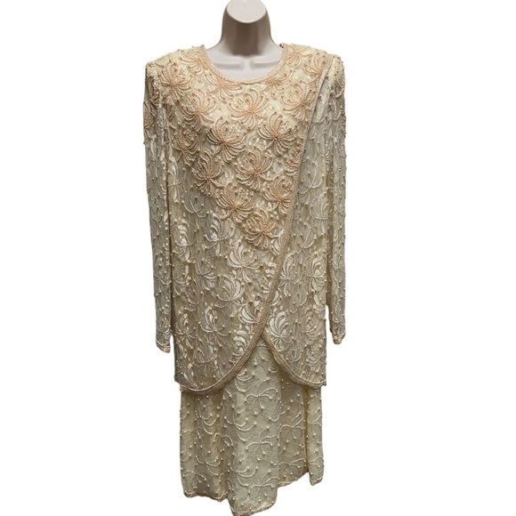 Scala Dresses & Skirts - Scala Vintage beaded midi dress women’s 1x champagne mother of bride long sleeve
